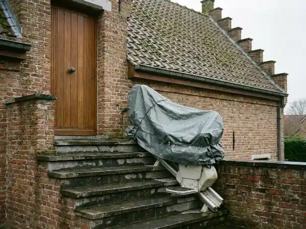Buitentraplift met afdekhoes op een stenen trap naar de voordeur