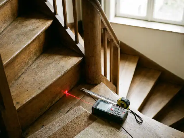 Lasermeter en meetlint op de trede van een kwarttrap