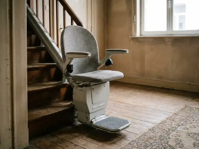 Opgeklapte zitting en voetsteun van een traplift onderaan de trap